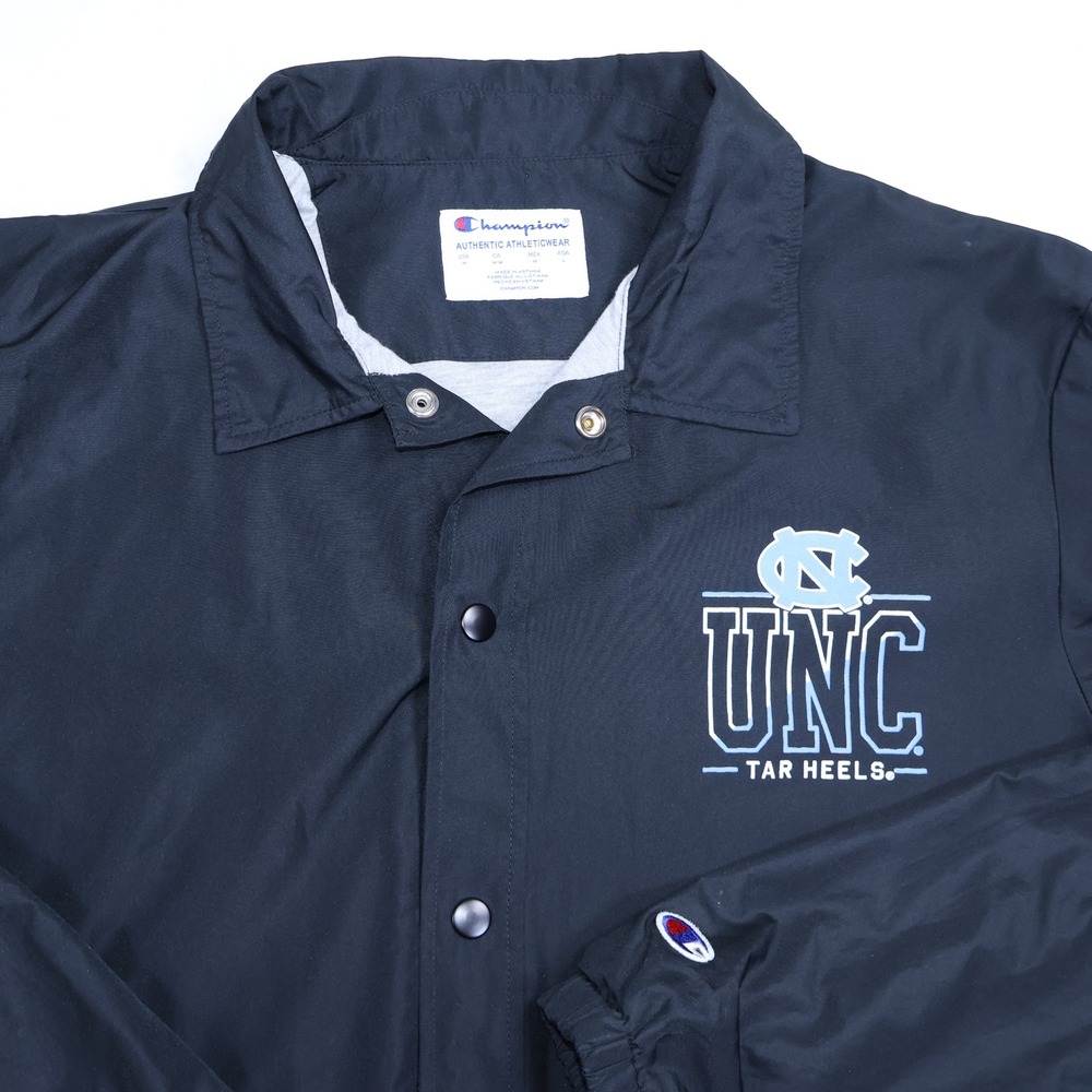 Champion UNC Tar Heels Coach Jacket Mens Medium Navy Blue Snap Windbreaker